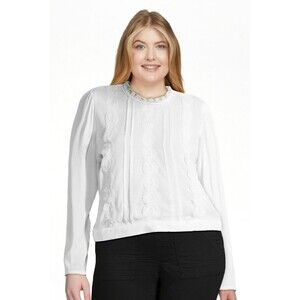 No Boundaries Juniors Crochet Front Woven Blouse White Lace Hi Neck Size XXL 19